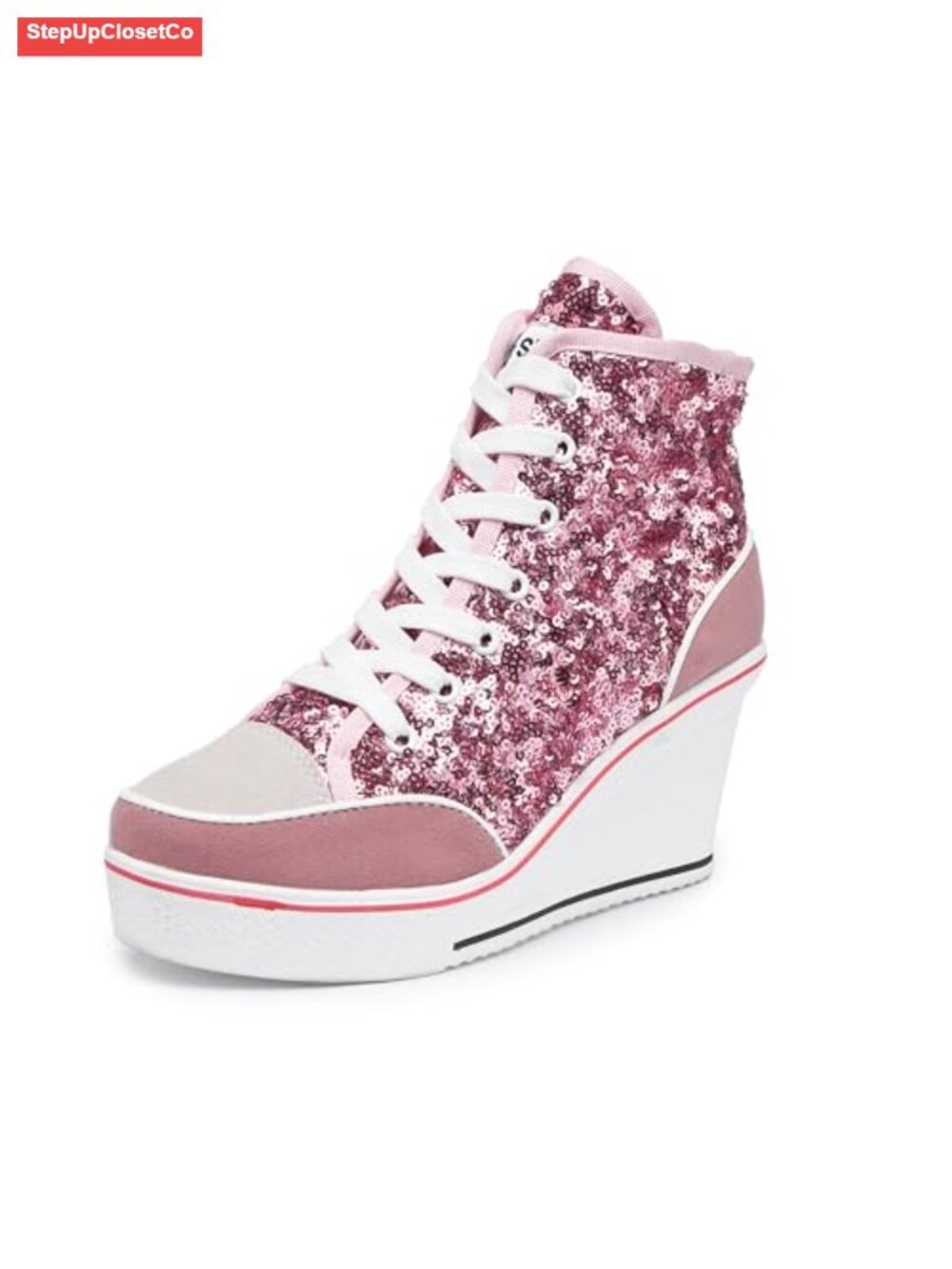 Women's High Heel Canvas Sneakers Platform Wedge Shoes Sparkly Bling Lace Up
